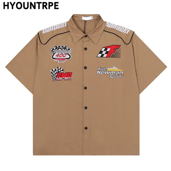 Fashion Mens Racing Embroidered Short Sleeves Shirt Casual Short Sleeve Hawaiian Shirt Hip Hop  Harajuku Streetwear Loose Shirts