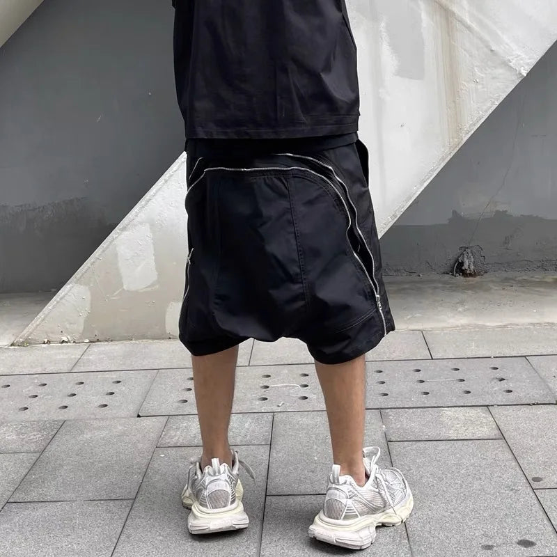 high street zipper pockets vibe style baggy drawstring summer shorts for men straight loose casual knee length pants oversized relaxed fit shorts