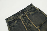 streetwear heavy craft washed distressed faded jeans flare slim straight tassel jeans for men and women raw edge denim pants unique jeans style 669