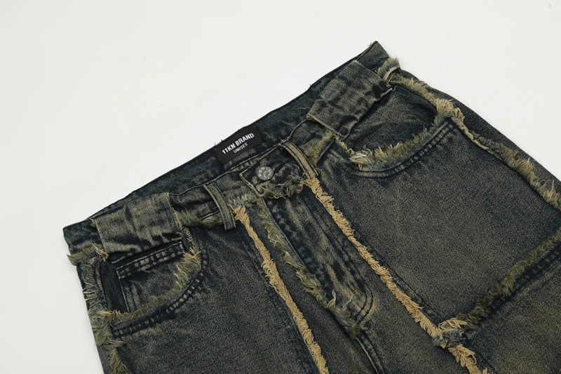 streetwear heavy craft washed distressed faded jeans flare slim straight tassel jeans for men and women raw edge denim pants unique jeans style 669