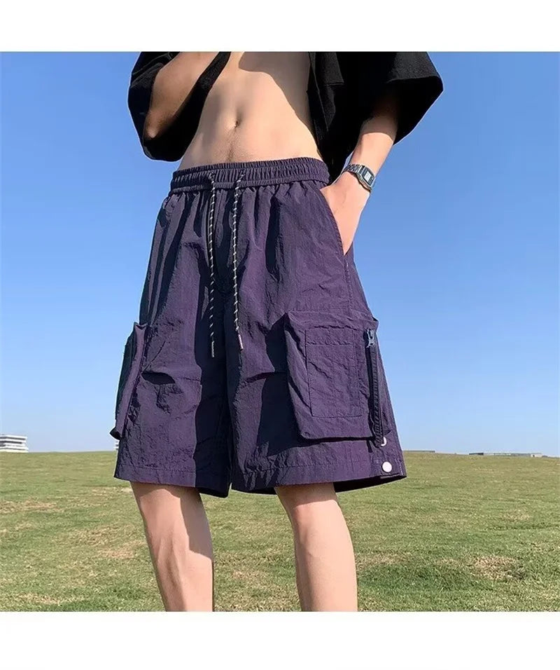summer casual purple cargo shorts men high street drawstring pocket baggy short sweatpants y2k hip hop bermudas homme shorts unique joggers style 172