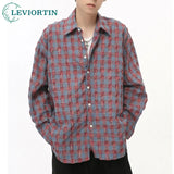 Korean Fashion Button Shirt – Mens Vintage Turn Down Collar Buttoned Shirt 2024 Autumn Wrinkle Texture Grid Casual Lazy Shirt Long Sleeve Loose Cardigan Tops | Button Shirt Drop #277