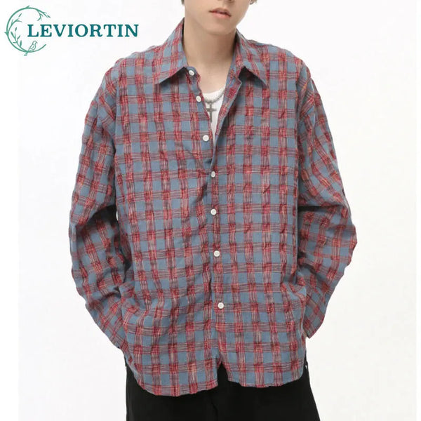 Korean Fashion Button Shirt – Mens Vintage Turn Down Collar Buttoned Shirt 2024 Autumn Wrinkle Texture Grid Casual Lazy Shirt Long Sleeve Loose Cardigan Tops | Button Shirt Drop #277