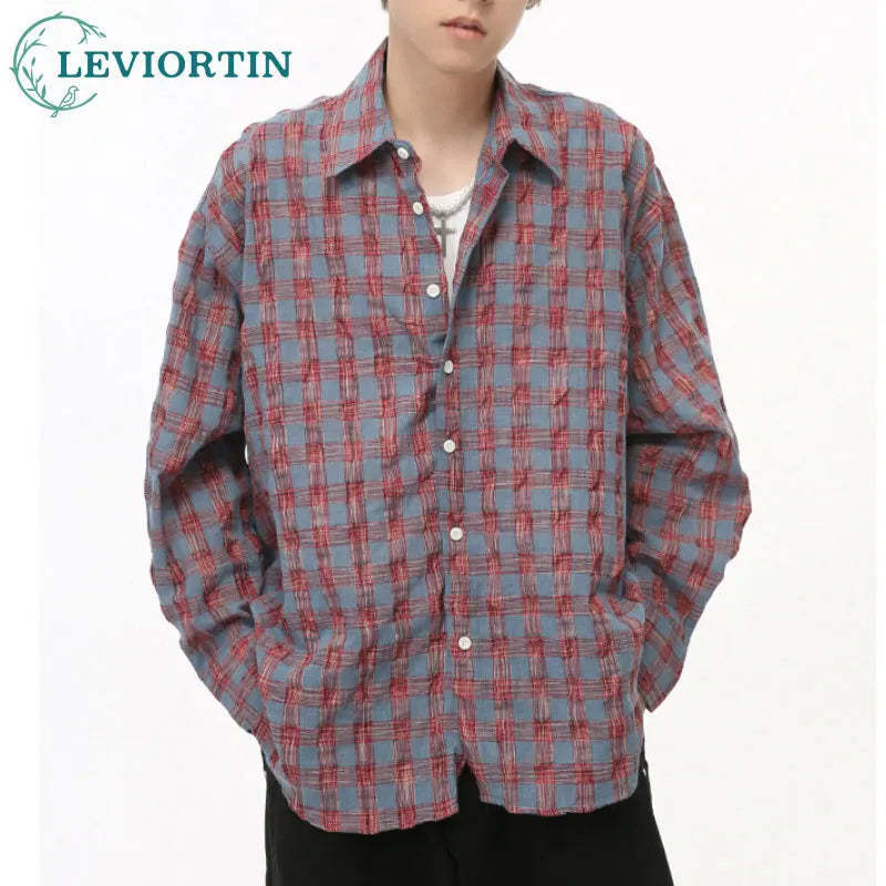 Korean Fashion Button Shirt – Mens Vintage Turn Down Collar Buttoned Shirt 2024 Autumn Wrinkle Texture Grid Casual Lazy Shirt Long Sleeve Loose Cardigan Tops | Button Shirt Drop #277