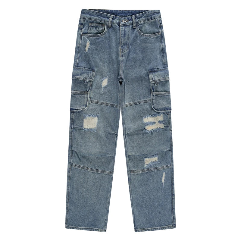 mens baggy jeans side big pocket distressed ripped denim jean straight pants high street cargo jean pants hip hop joggers jeans unique joggers style 2988