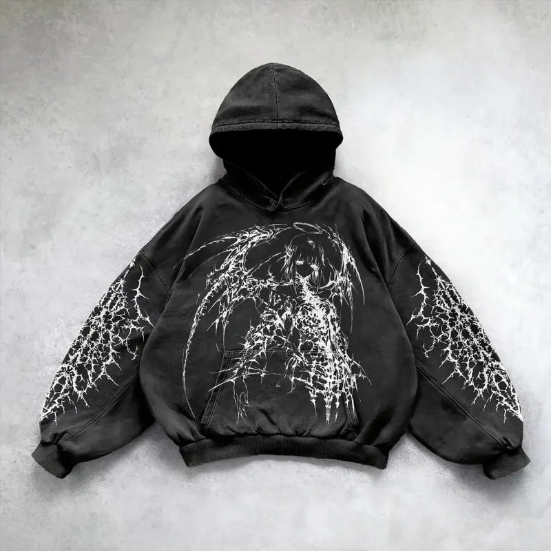 Harajuku Hoodie Skull Y2K Tops Oversized Sweatshirt Goddess Print Hood