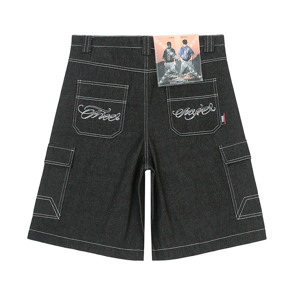 y2k streetwear multi pockets embroidery washed summer jeans shorts for men wide leg baggy casual denim over knee length pants ripped baggy denim