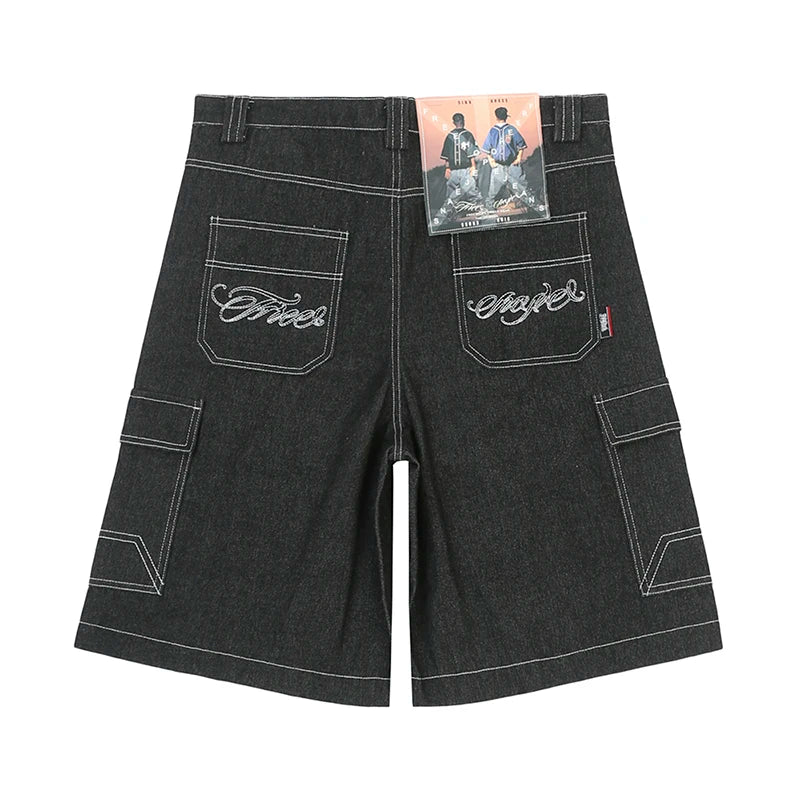 y2k streetwear multi pockets embroidery washed summer jeans shorts for men wide leg baggy casual denim over knee length pants ripped baggy denim