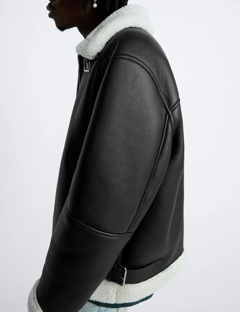 Warm Winter High-quality Lapel Suede Cashmere Piping Double-sided Motorcycle Punk Leather Jacket For Men