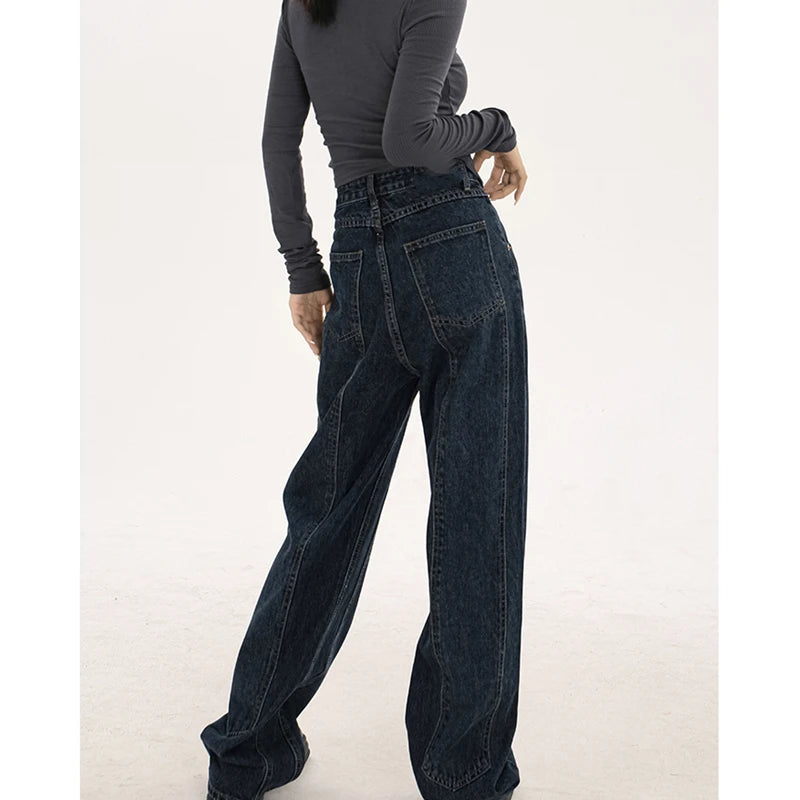 navy blue vintage jeans womans high waist summer wide leg denim trouser baggy streetwear chic design ladies straight jean pants ripped baggy denim