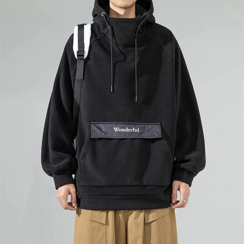 Autumn Polar Fleece Half Turtleneck Hoodies For Men Y2K Vintage Windproof Hooded Sweatshirts Casual Streetwear Pullover