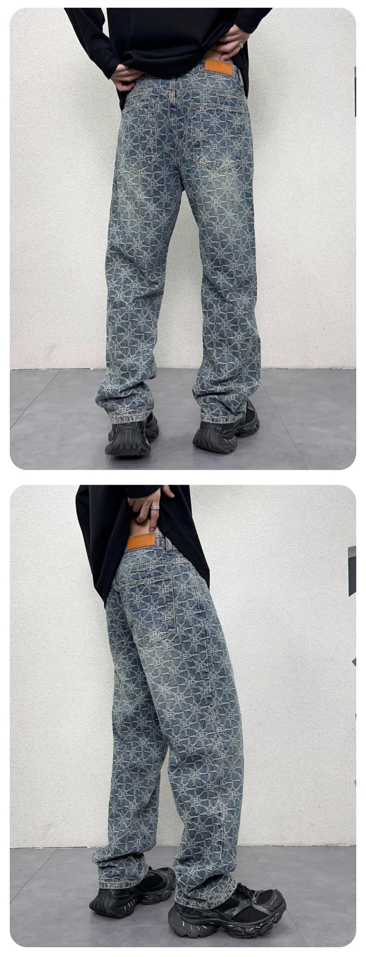 men jacquard streetwear hip hop vibe casual straight denim jeans pants boyfriend high street ripped jeans trousers unique jeans style 3123
