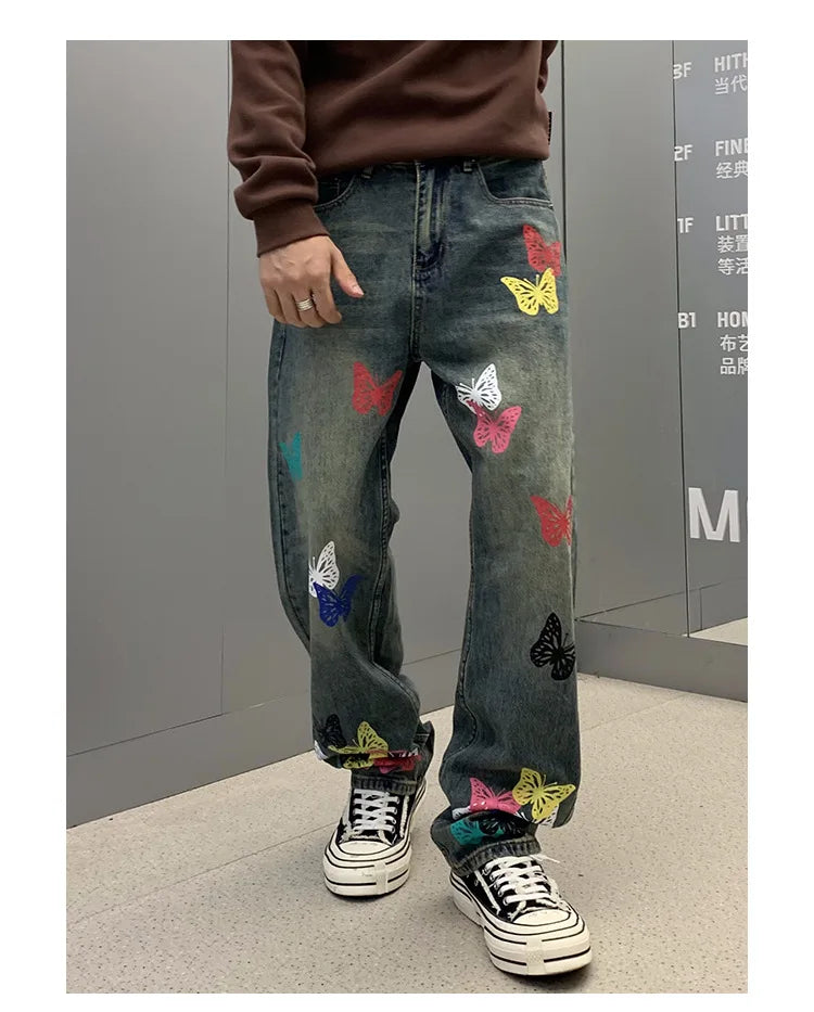 butterfly print jeans men streetwear fashion vibe loose casual hiphop straight washed denim pant jeans cityboy teen trousers unique jeans style 2680