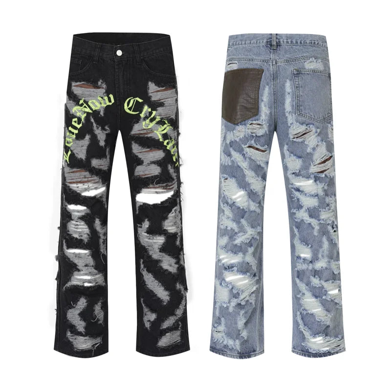destroy ripped holes front letters embroidery denim jean pants men casual harajuku jean trouser hip hop streetwear pants joggers unique joggers style 3126