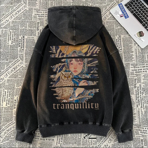 New Art Owl Girl Graphic Print Hoody Sweatshirts For Men Washed Distre