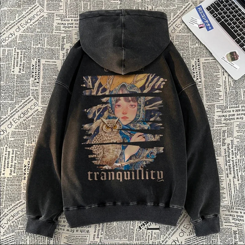 New Art Owl Girl Graphic Print Hoody Sweatshirts For Men Washed Distre