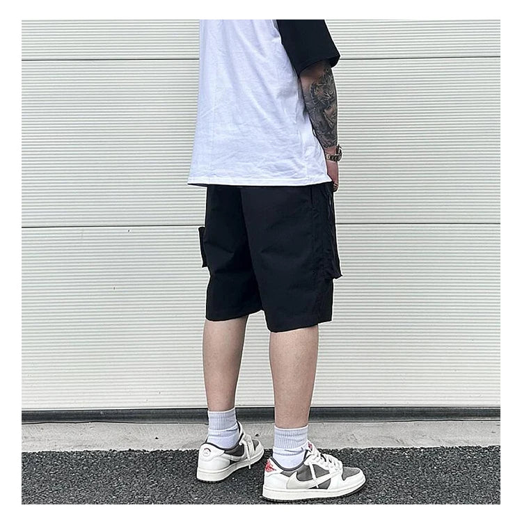 Retro Fashion Vibe Summer Cargo Shorts Functional Pockets Press Glue Zipper Straight Shorts Baggy Casual Split Knee-length
