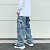fashion loose streetwear cargo denim jeans unisex casual multi pocket wide legs jean pants hip hop joggers mens baggy jeans unique joggers style 2962