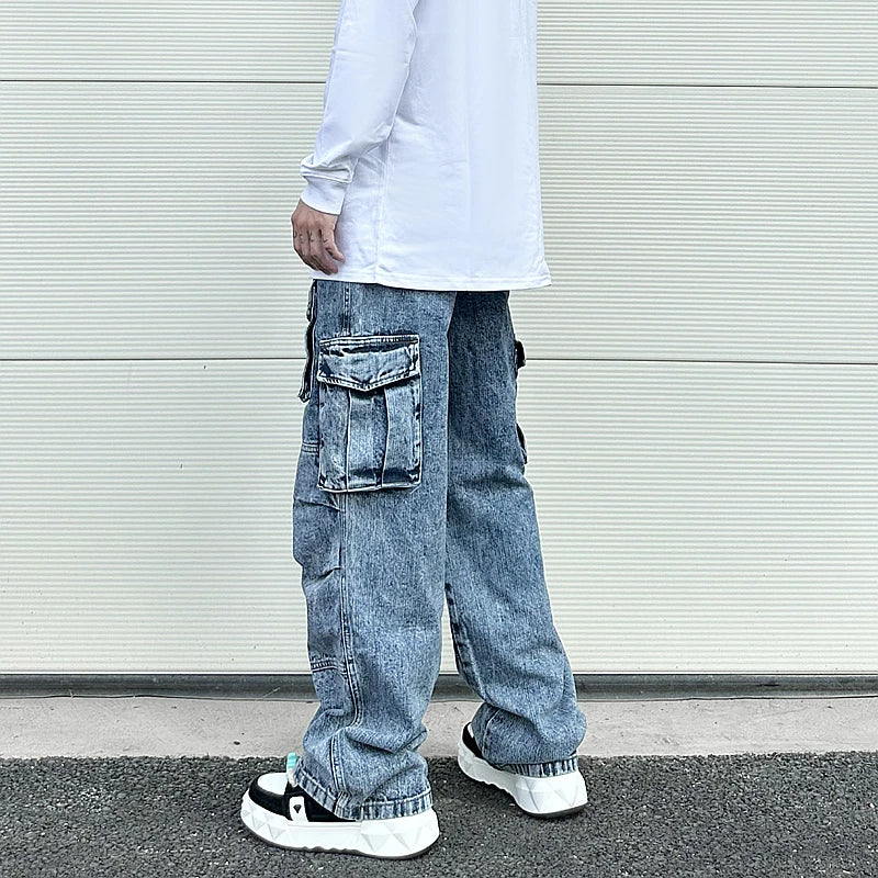 fashion loose streetwear cargo denim jeans unisex casual multi pocket wide legs jean pants hip hop joggers mens baggy jeans unique joggers style 2962