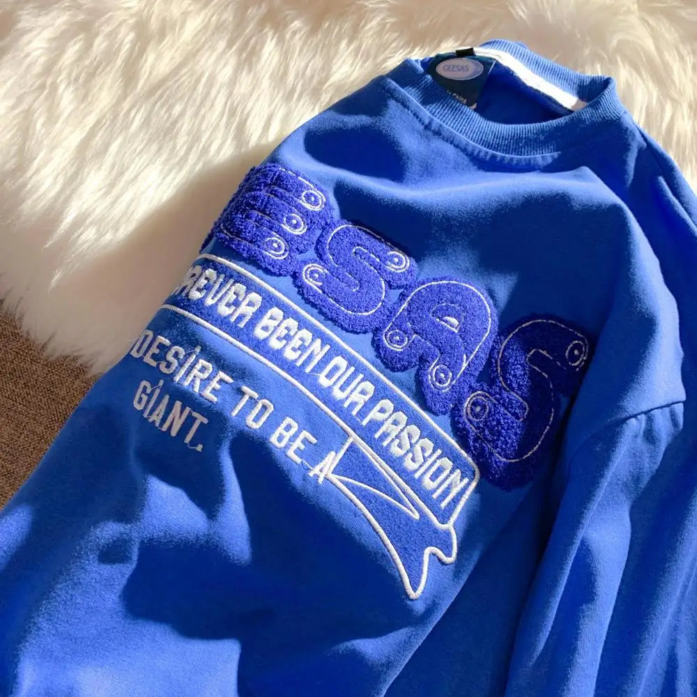 Harajuku Oversized Shirt – Retro Klein Blue Flocking Embroidery T Shirts Fashion Preppy – Modern Streetwear for Everyone