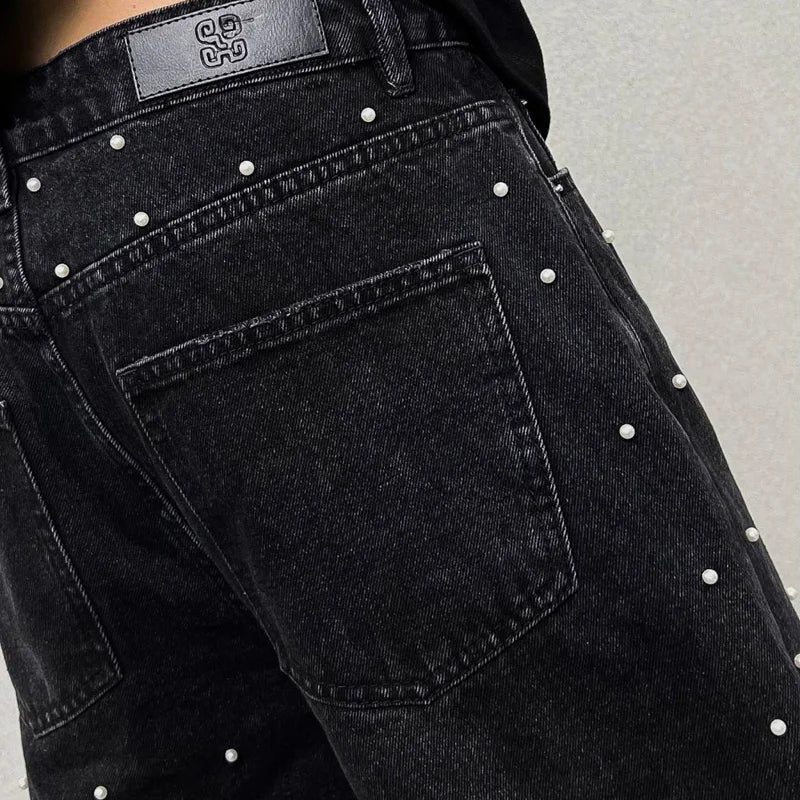 men bead streetwear fashion hip hop vibe loose casual wide leg straight denim jeans baggy pant man boyfriend jeans trousers unique jeans style 2992