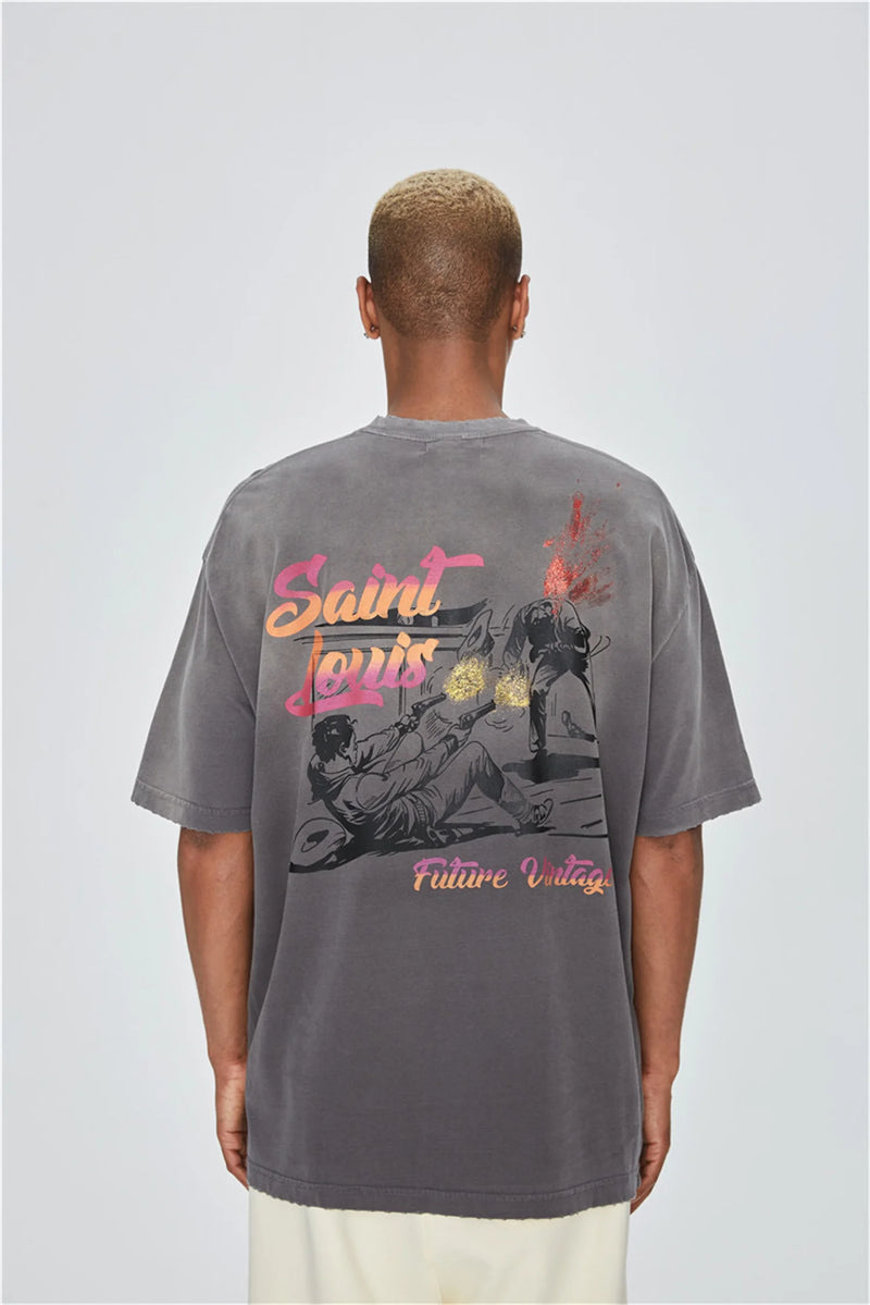 Trapwear Aesthetic print tee – 24Ss Future Vintage Style Western Gradient Logo Metal Print