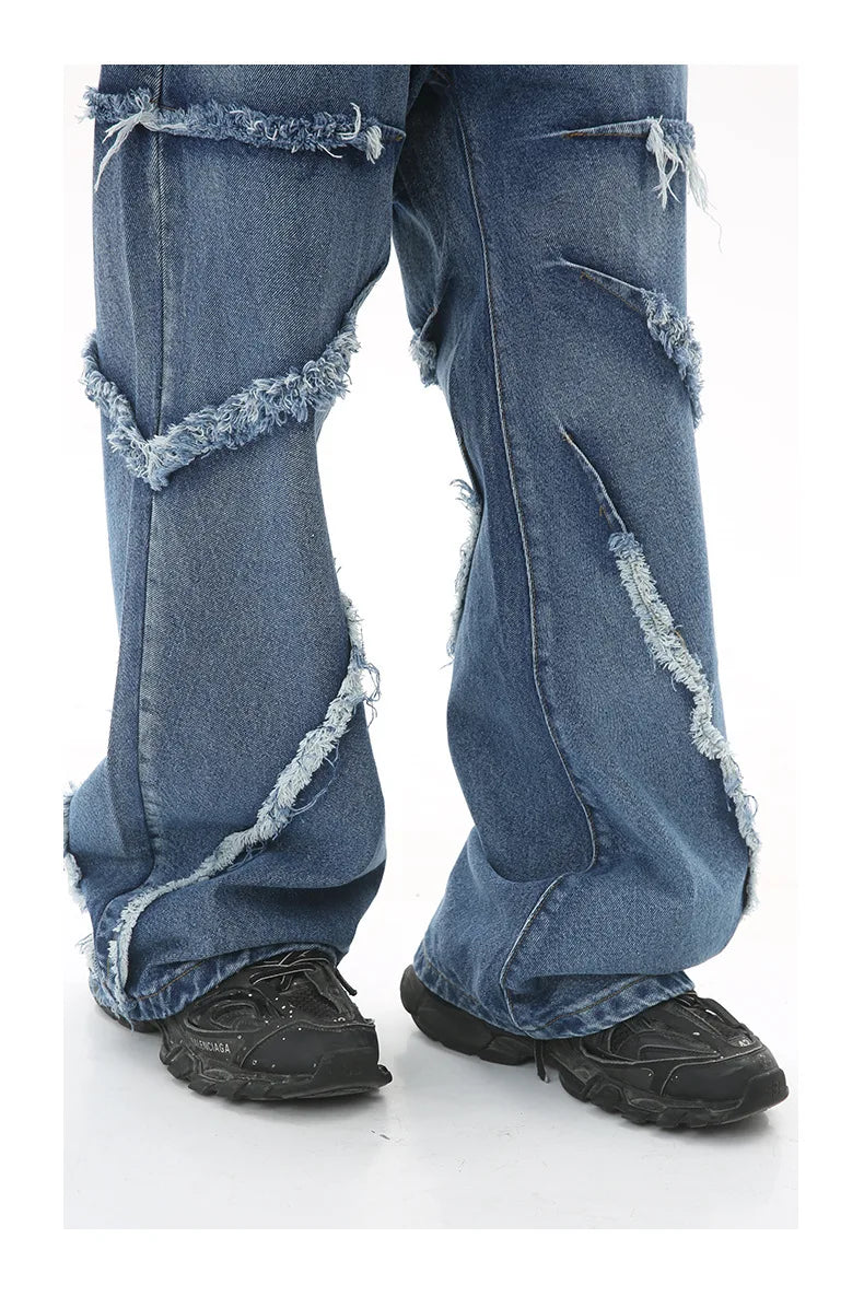 2023 european and american mens jeans new products personality trend hip hop fringed loose wide leg denim trousers unique jeans style 723