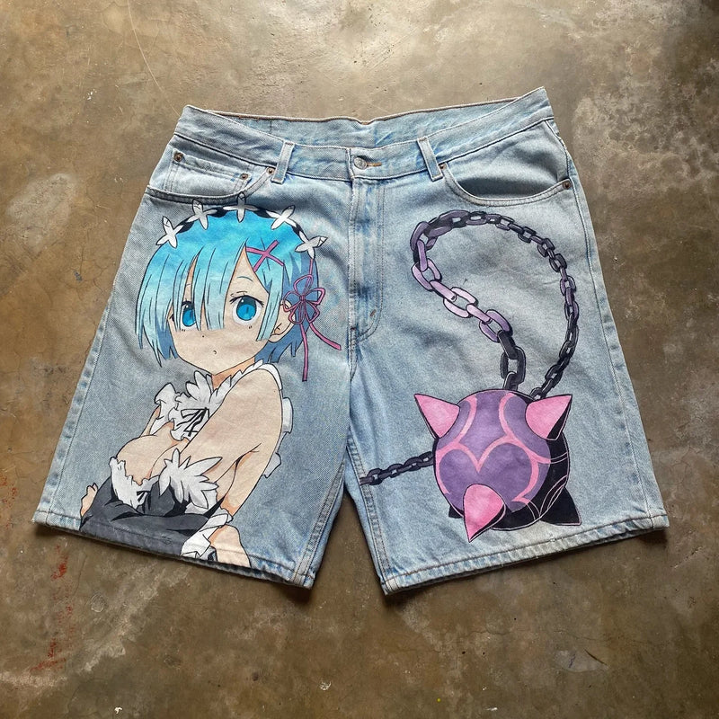 popular casual rem print sweatpants fashion y2k baggy jeans wide leg denim shorts pants harajuku streetwear trouser men clothing unique joggers style 4933