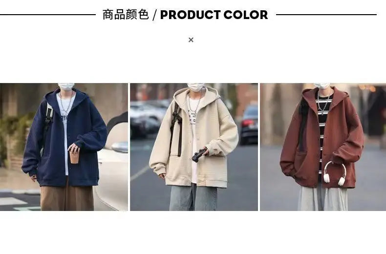 Korean Retro Y2K Waffle Hooded Jacket for Men and Women Ins Harajuku Style Casual Loose Couple Wear Cardigan Sweatshirt