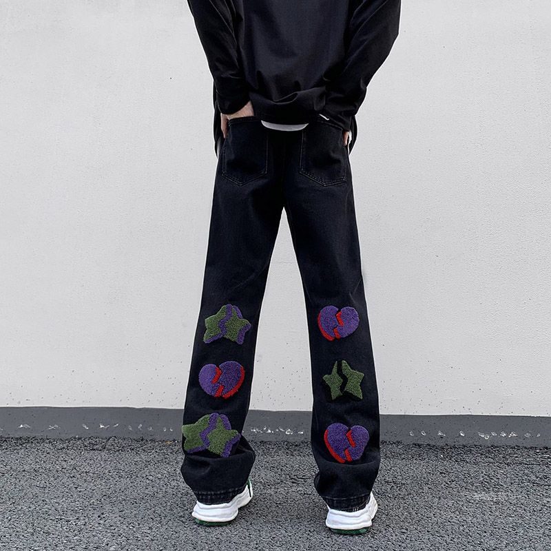 2023 summer new light luxury fashion pants star embroidered jeans mens straight slim pants boutique clothing simple style unique jeans style 3962