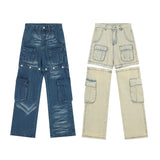 american retro buttons detachable design wide cargo jeans mens womens straight leg pants hip hop washed jeans overall 2023 unique cargo style 908