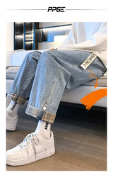 2024 new plaid trouser legs jeans for men casual baggy straight denim pants korean fashion y2k streetwear pantalones hombre jean unique jeans style 3561