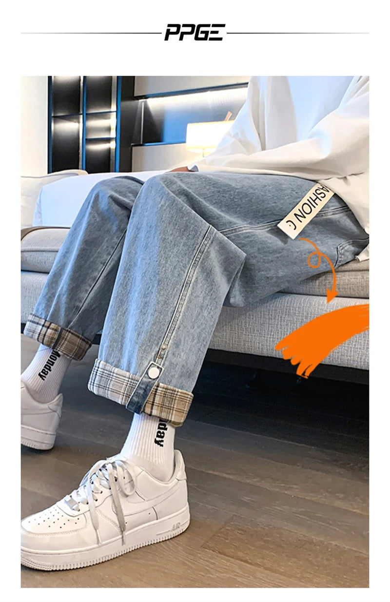 2024 new plaid trouser legs jeans for men casual baggy straight denim pants korean fashion y2k streetwear pantalones hombre jean unique jeans style 3561