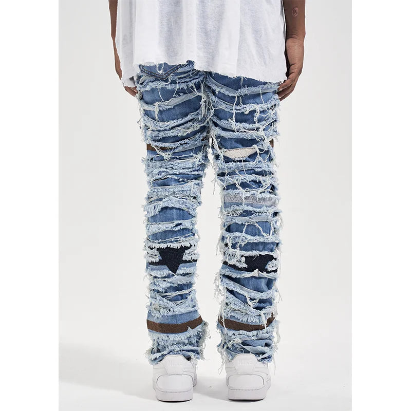destroied ripped denim jean pants men distressed washed patchwork biker jeans fashion moustache high street slim pants joggers relaxed fit joggers