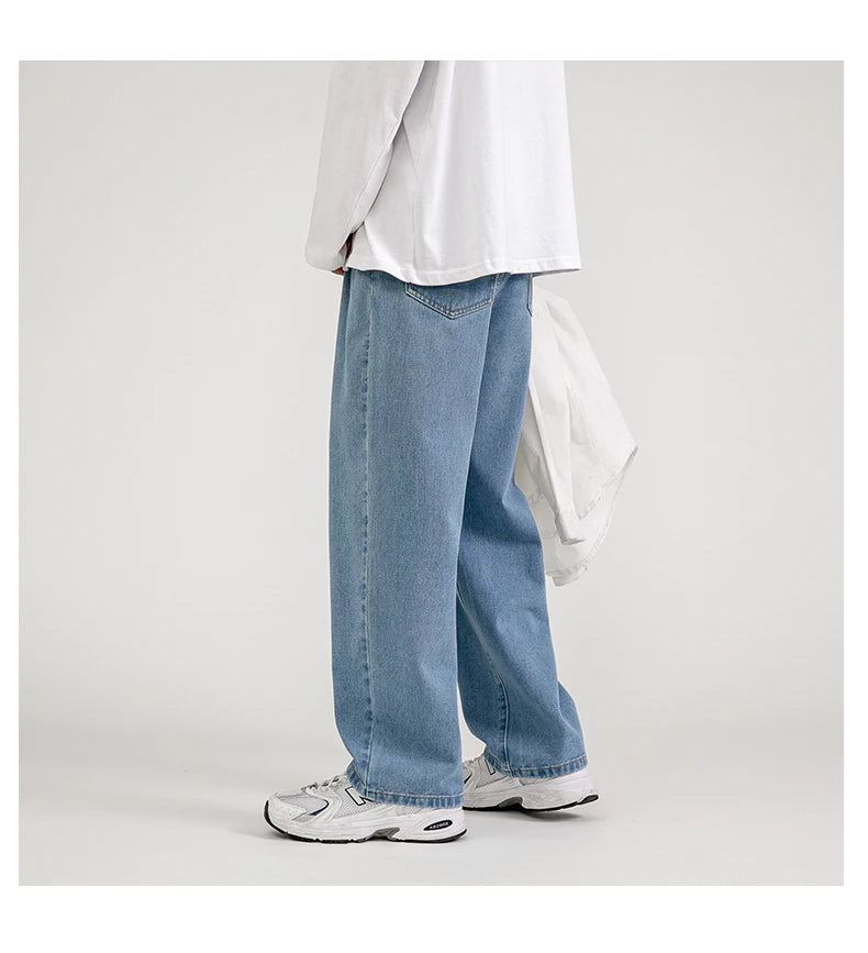 korean fashion mens baggy jeans classic all match solid color straight leg denim wide leg pants male light blue grey black unique jeans style 1139