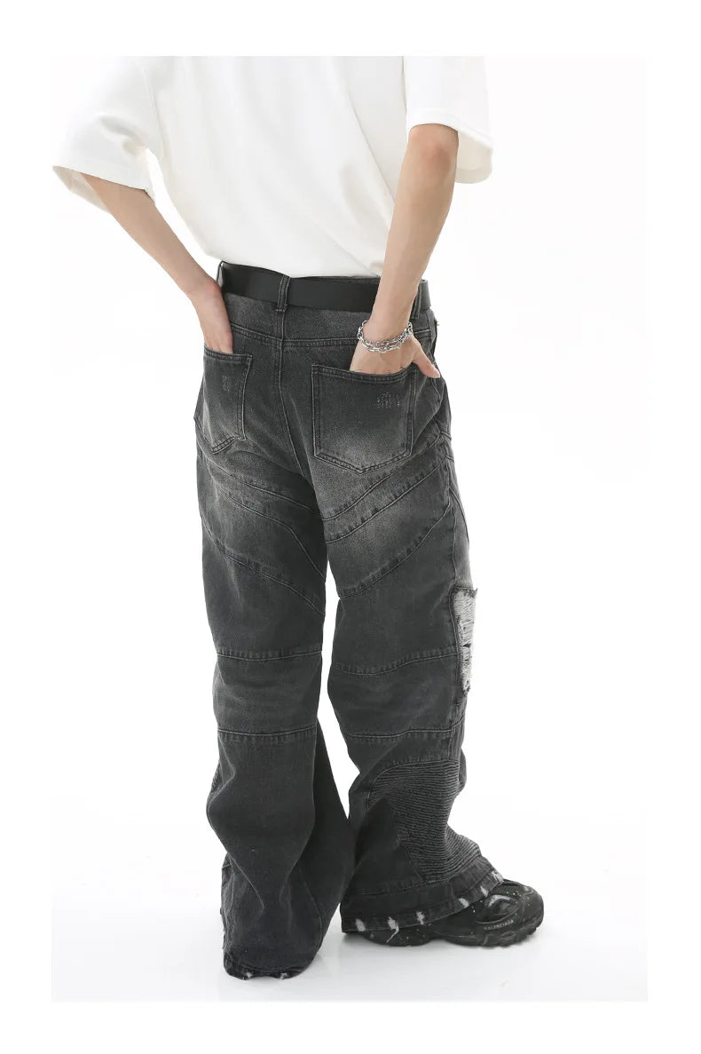 fashion loose streetwear denim jeans new casual wide legs straight jean pants hip hop ripped joggers baggy jeans men clothing unique joggers style 4395