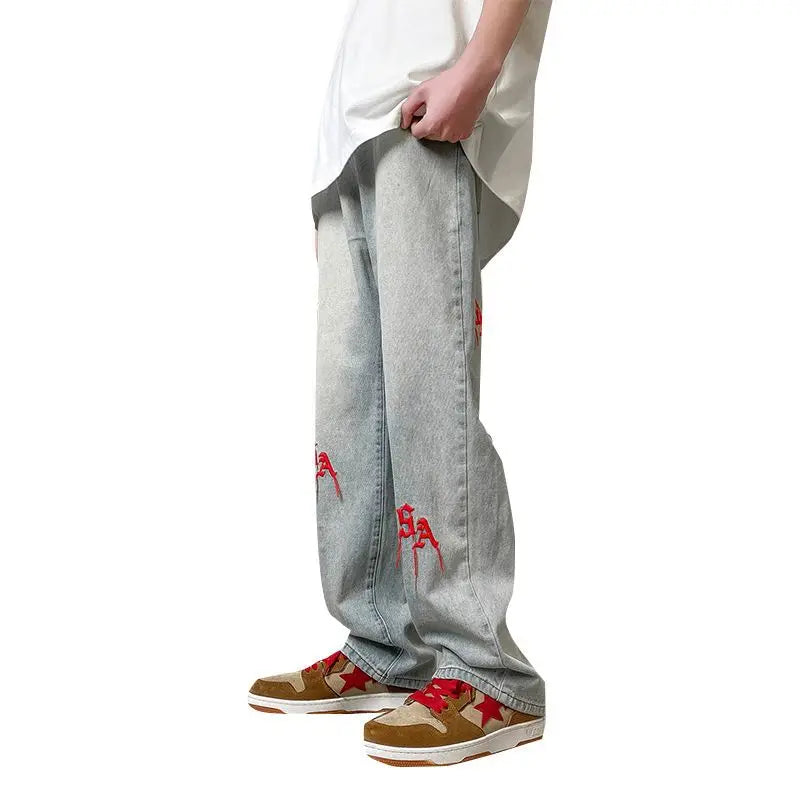 2023 summer new fashion retro embroidery jeans loose straight leg pants versatile wide leg pants boutique clothing simple style denim street jeans