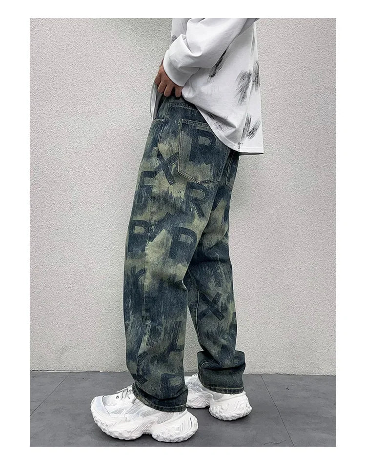 men loose casual american high street hip hop vibe printed denim baggy jeans pants man streetwear ripped jeans trousers unique jeans style 3093