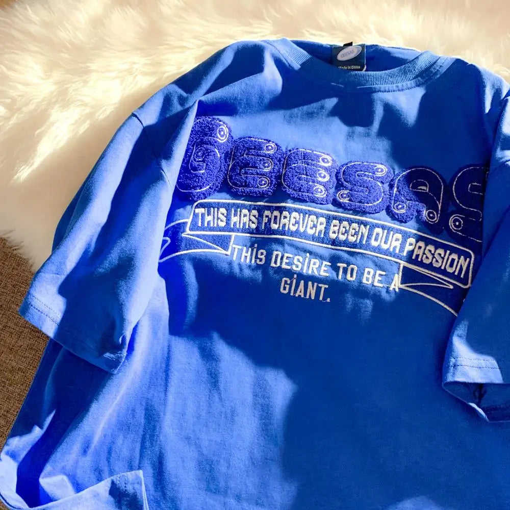 Harajuku Oversized Shirt – Retro Klein Blue Flocking Embroidery T Shirts Fashion Preppy – Modern Streetwear for Everyone