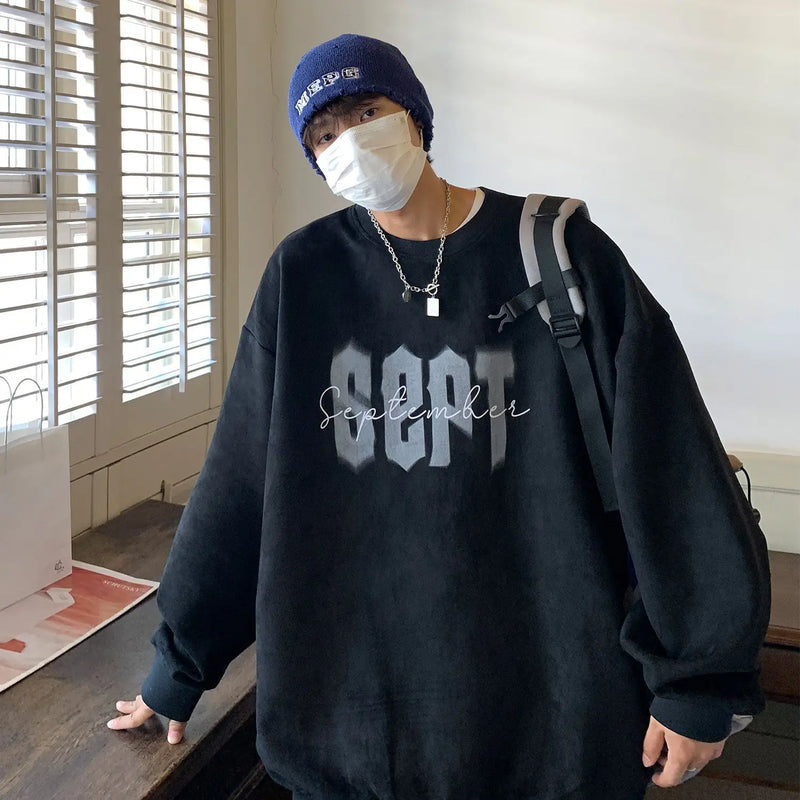 Suede Korean Trendy Round Neck Sweatshirt for Men American Retro Print Trendy Brand Autumn Loose Couple Wear Jacket Tops