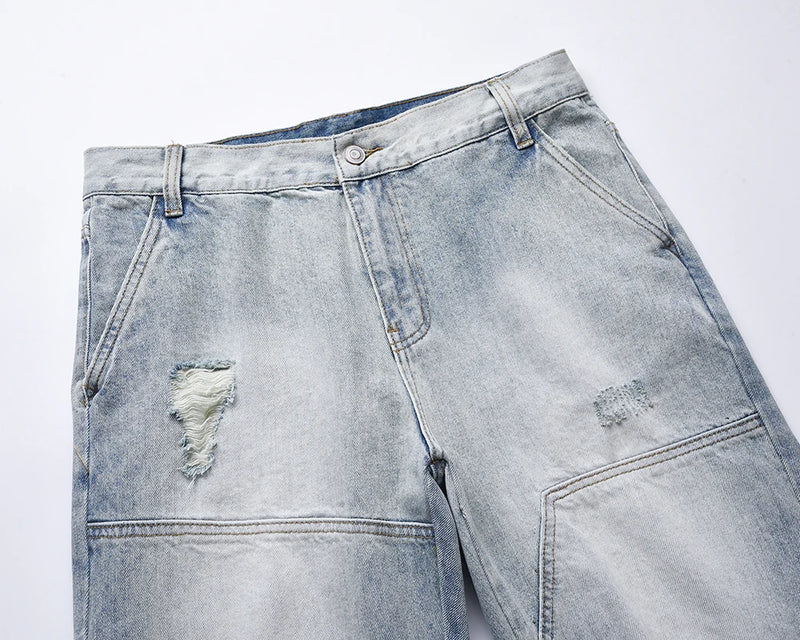 streetwear ripped damaged washed blue baggy denim pants for men straight distressed casual jeans oversized cargo trousers unique cargo style 5303