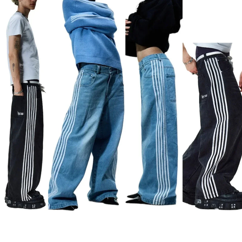 gothic embroidered wide leg denim pants high street streetwear harajuku retro hip hop mens jeans y2k black striped baggy jeans stacked flare jeans