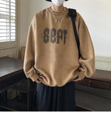 Suede Korean Trendy Round Neck Sweatshirt for Men American Retro Print Trendy Brand Autumn Loose Couple Wear Jacket Tops