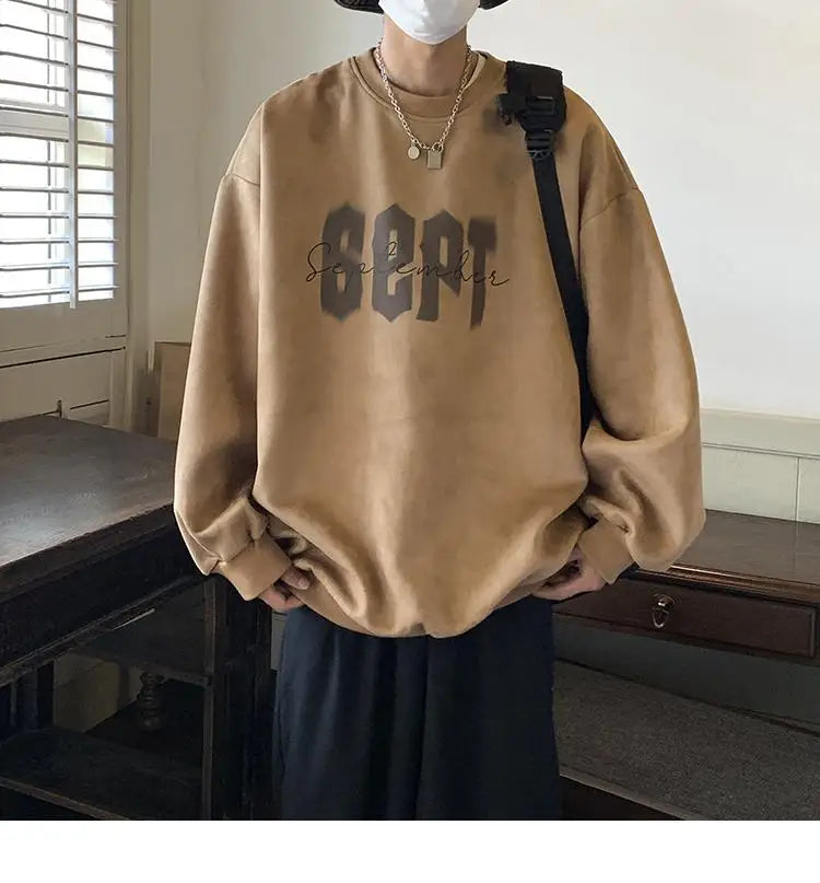 Suede Korean Trendy Round Neck Sweatshirt for Men American Retro Print Trendy Brand Autumn Loose Couple Wear Jacket Tops