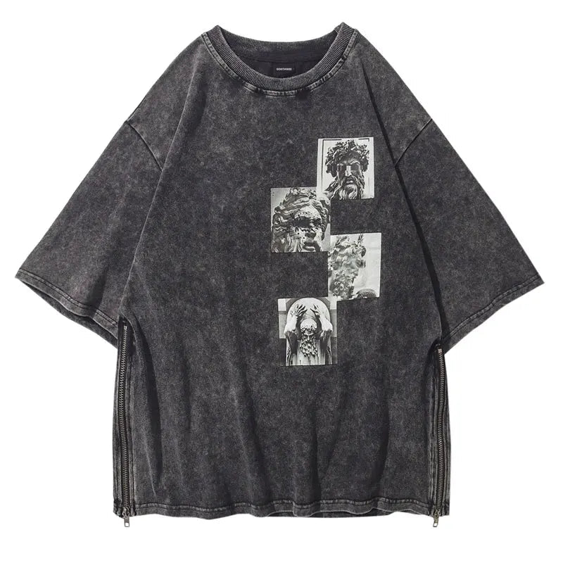 Sadcore T-Shirt – Vintage T Shirt Streetwear Men Statues Print Distressed Zipp – Modern Streetwear for Everyone