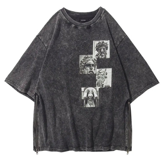 Sadcore T-Shirt – Vintage T Shirt Streetwear Men Statues Print Distressed Zipp – Modern Streetwear for Everyone