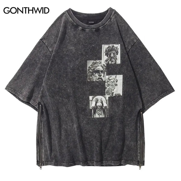 Sadcore T-Shirt – Vintage T Shirt Streetwear Men Statues Print Distressed Zipp – Modern Streetwear for Everyone