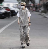 summer casual sleeveless set men hip hop loose hooded vest pockets straight leg cargo pants 2 piece outdoors sports camp suit unique cargo style 4409