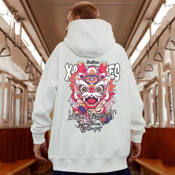 New Lion Dance Graphic Hoodies For Men Y2K Streetwear Fleece Hooded Sweatshirts