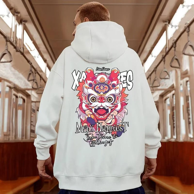New Lion Dance Graphic Hoodies For Men Y2K Streetwear Fleece Hooded Sweatshirts